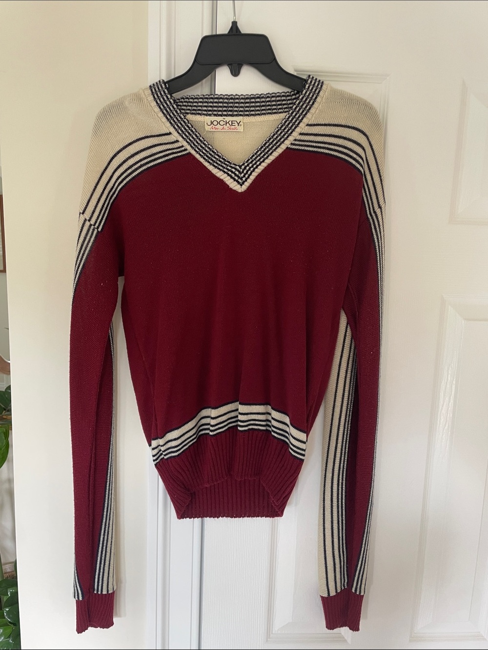 Vintage Jockey Men's V-Neck Sweater - Burgundy with Cream and Blue  Stripes